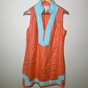 SAIL TO SABLE 100% LINEN COLORBLOCK SLEEVELESS SHIFT - ORANGE & TEAL - SIZE M